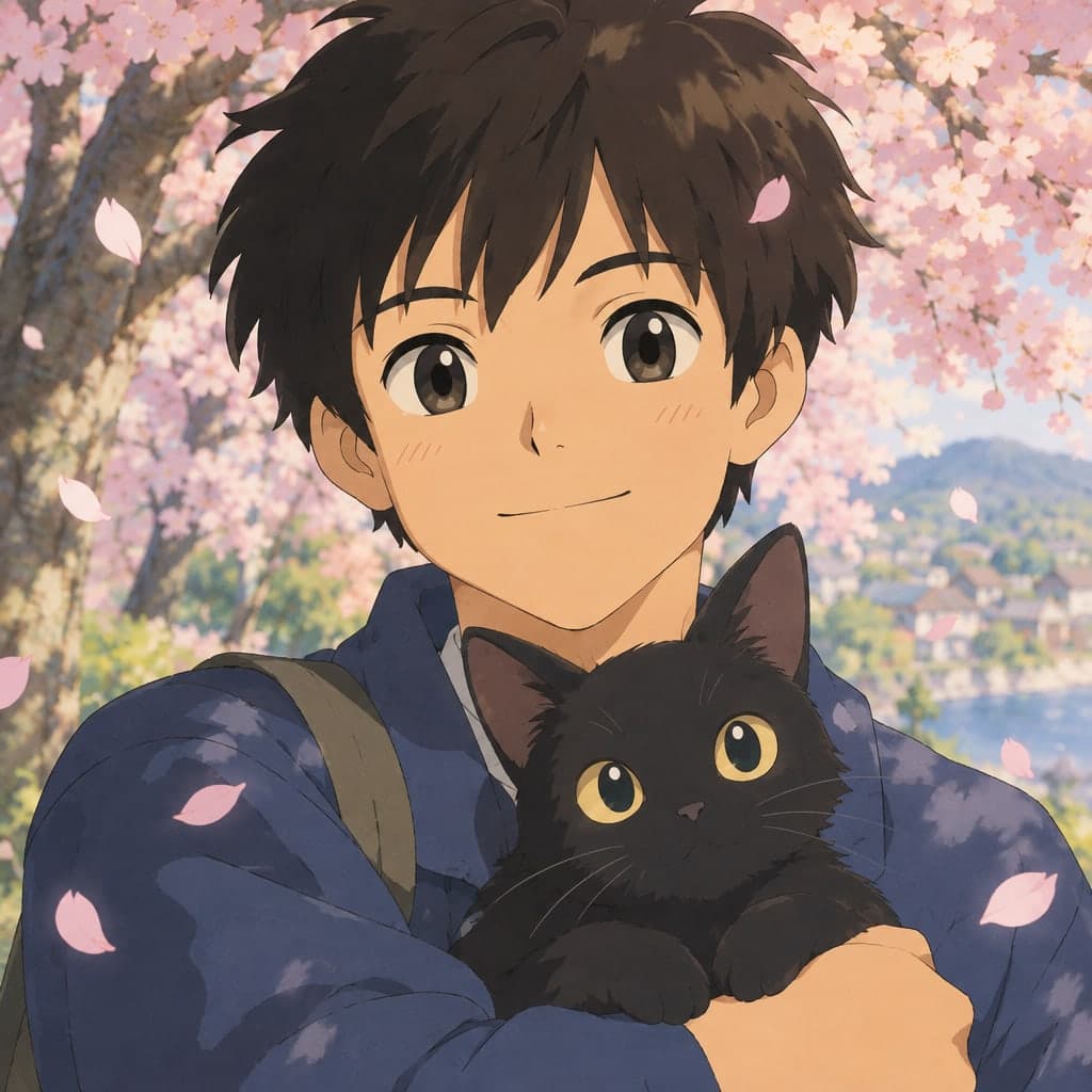 A boy holding a black cat under cherry blossoms, petals falling, soft spring light