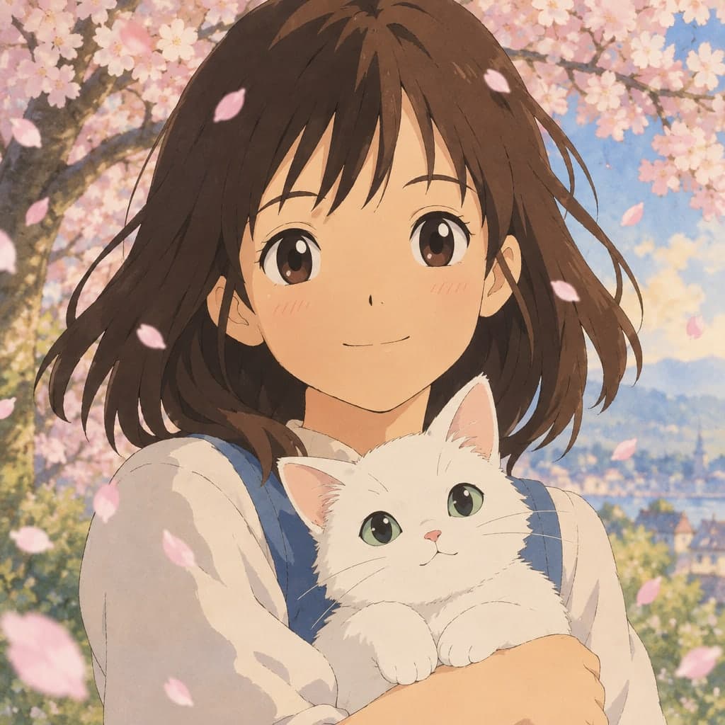 A girl holding a white cat under cherry blossoms, petals falling, soft spring light