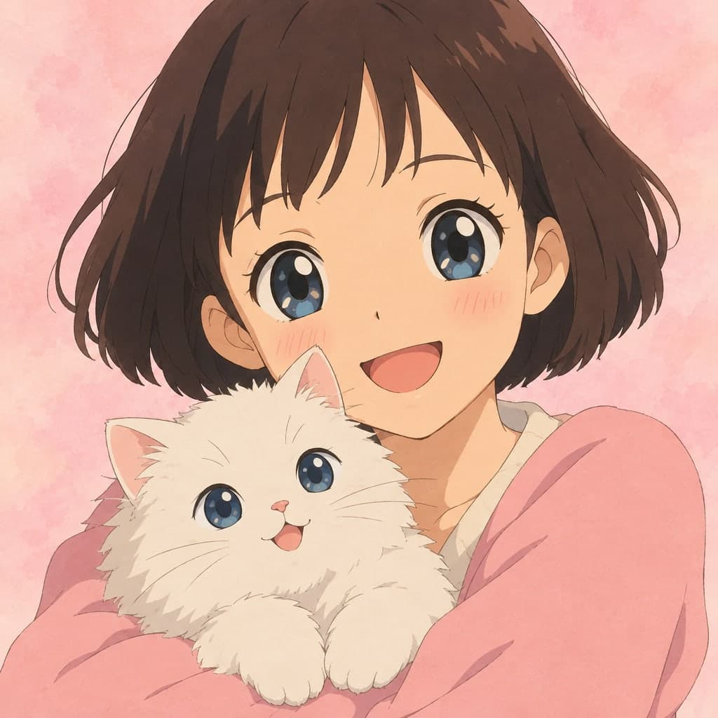 A cute girl with a short bob and big sparkling eyes hugging a fluffy white cat, pastel pink background