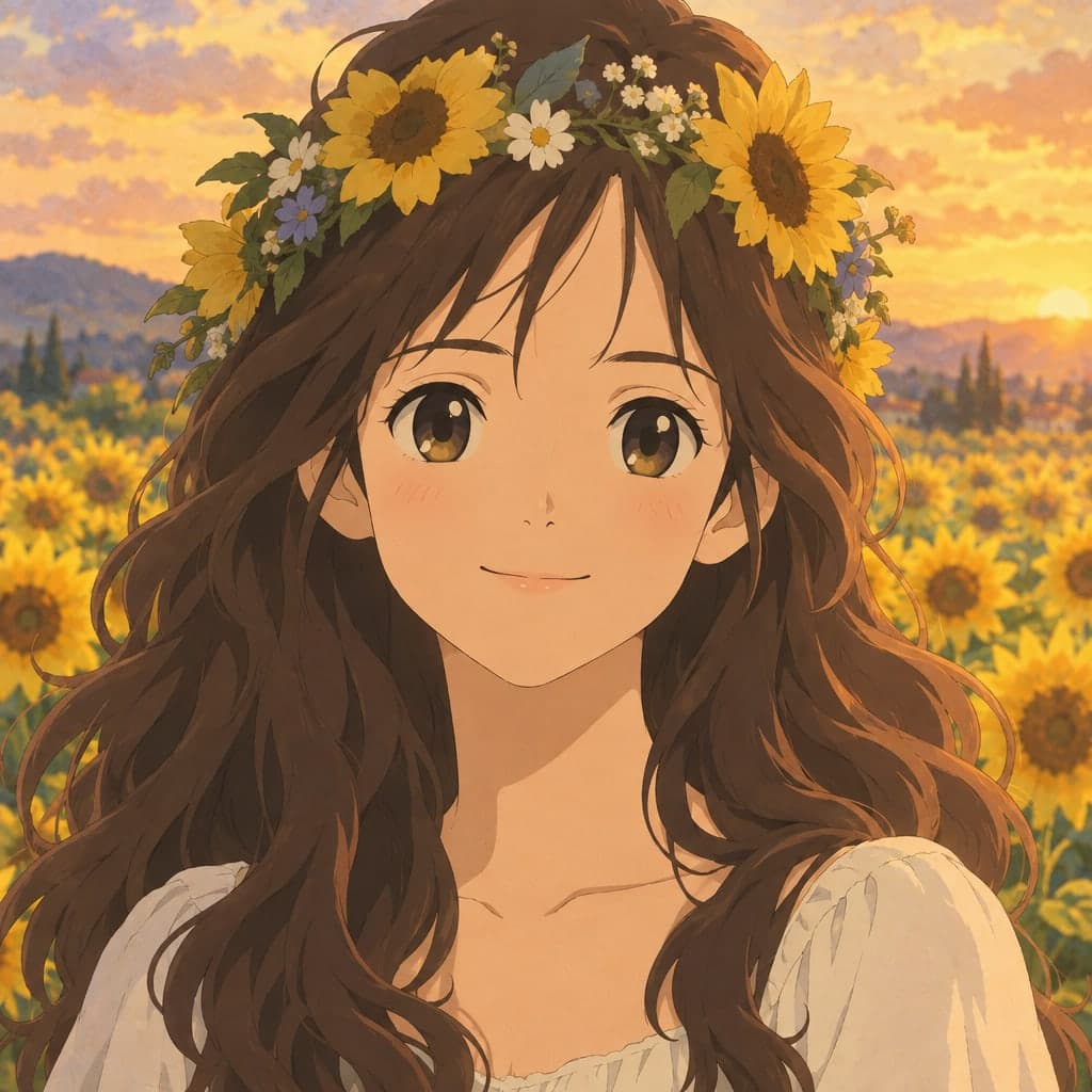 An aesthetic girl with long wavy hair and a flower crown in a sunflower field, golden hour light