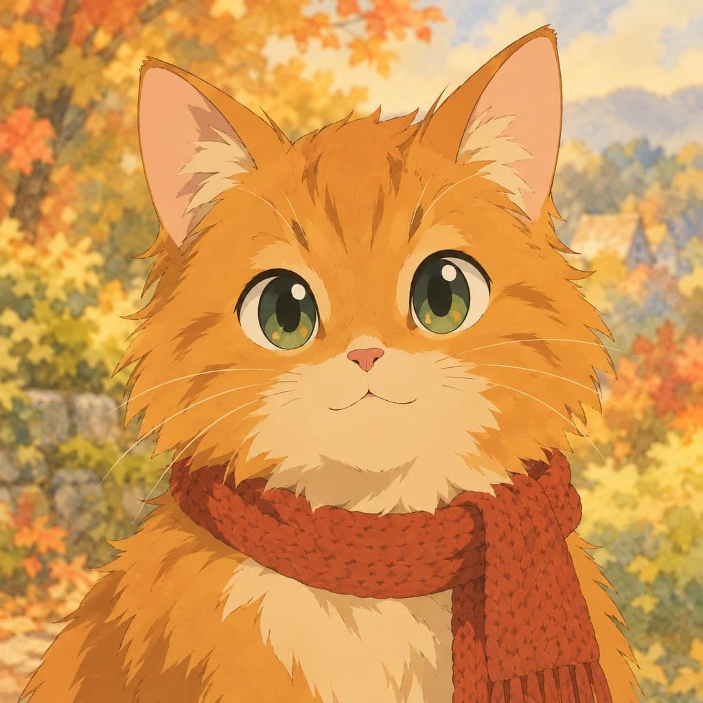 A fluffy orange cat wearing a tiny knitted scarf, looking at the viewer, soft autumn background