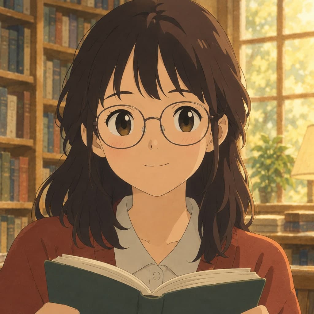 A calm girl with round glasses holding an open book, soft warm library light behind her