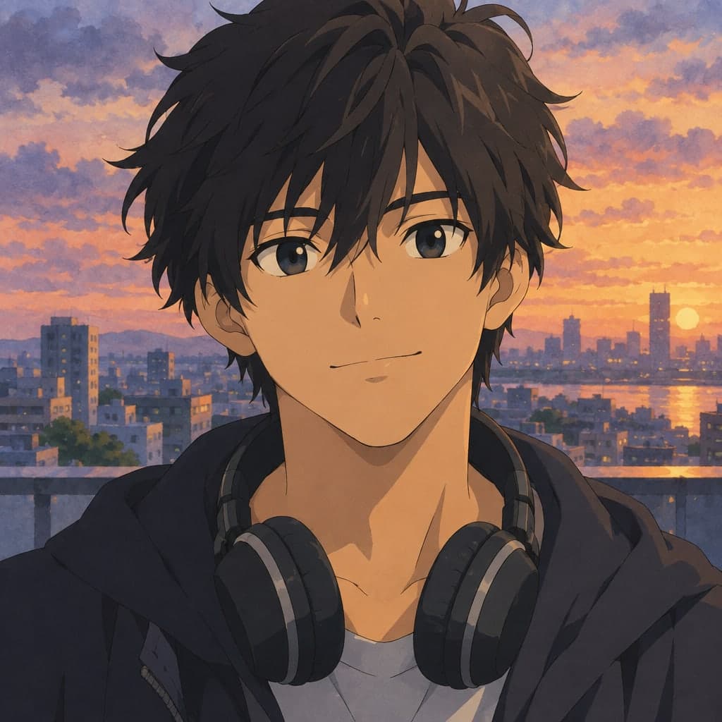 A cool young man with messy dark hair and headphones around his neck, city rooftop at dusk behind him