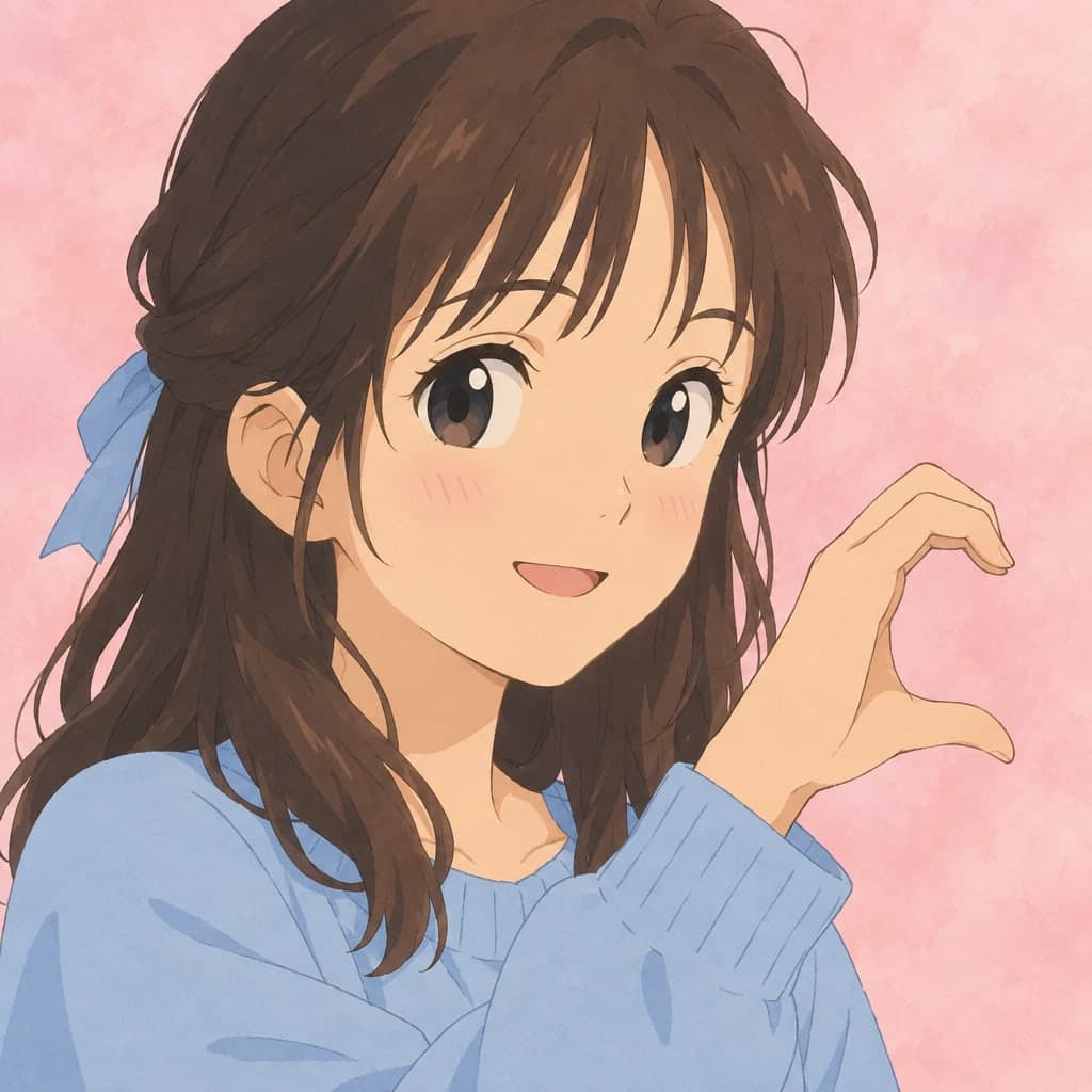A girl in a light blue sweater making half of a heart shape with her hand, facing right, pastel pink background