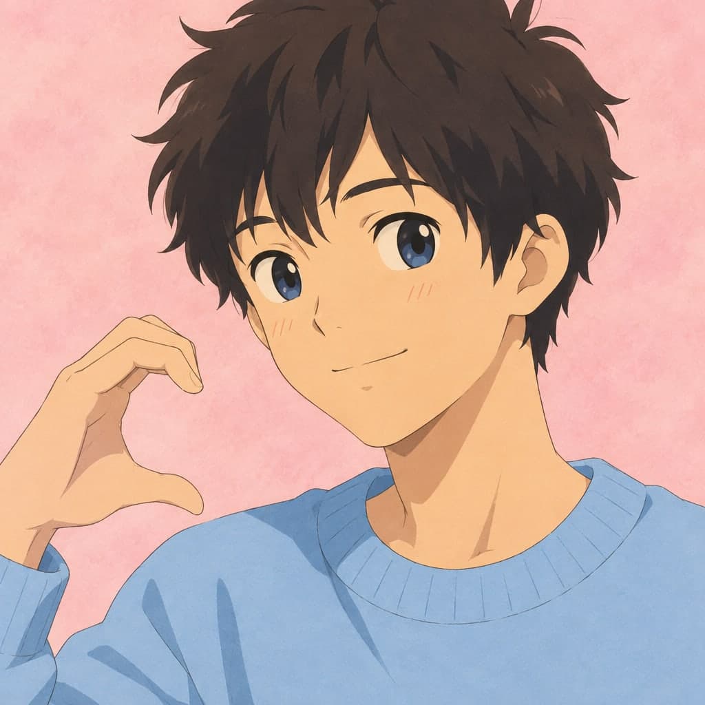 A boy in a light blue sweater making the other half of a heart shape with his hand, facing left, pastel pink background