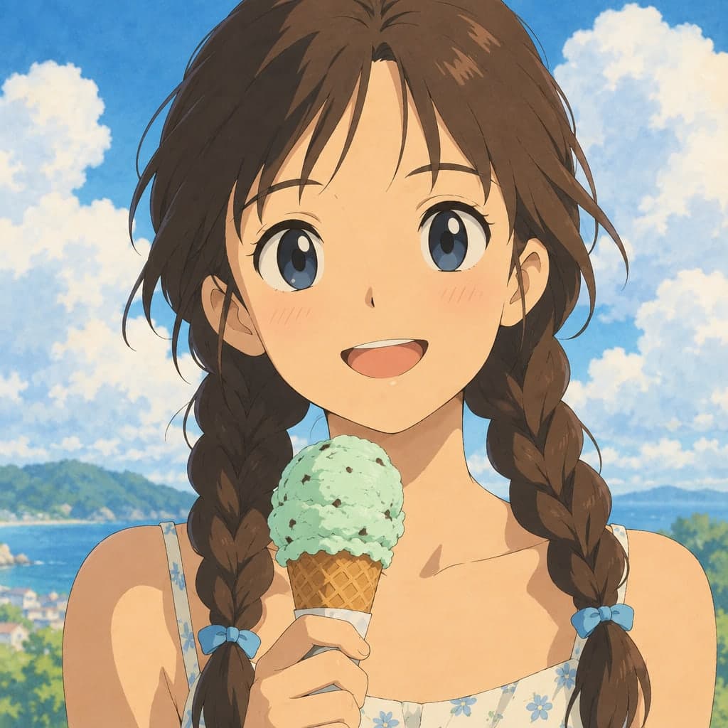 A girl with twin braids holding a mint ice cream cone, summer sky with big clouds