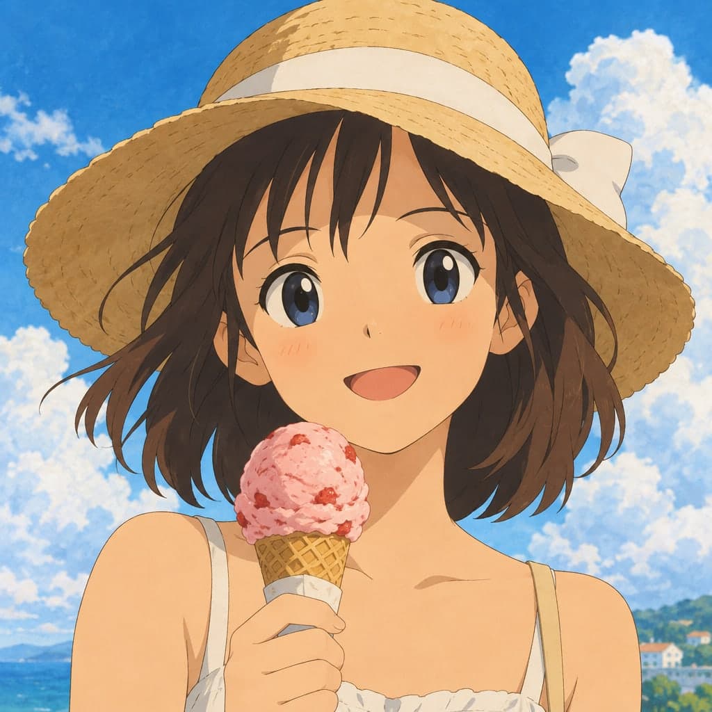 A girl in a sun hat holding a strawberry ice cream cone, summer sky with big clouds