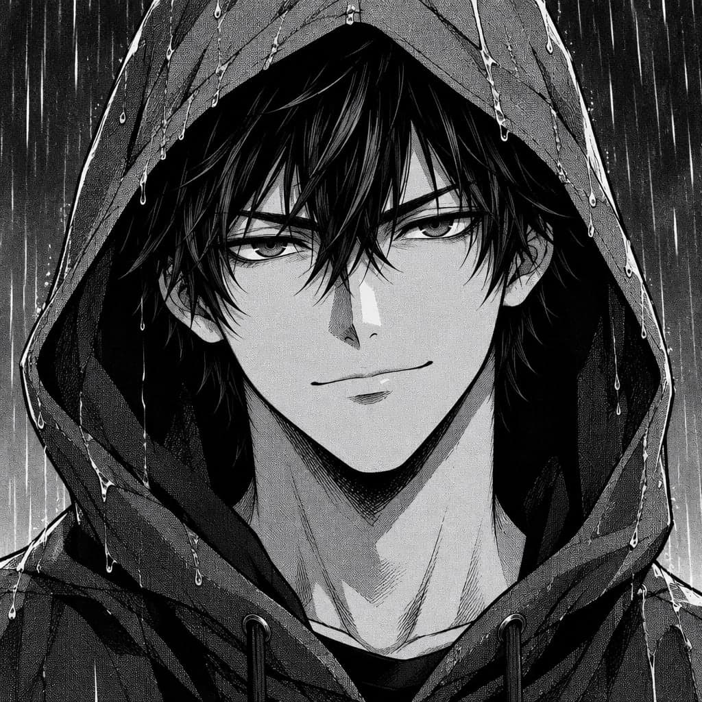 A cool young man in a hoodie with the hood up, confident half smile, rain streaks behind him