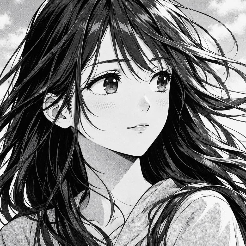A girl with long hair blowing in the wind, looking to the side with a gentle expression