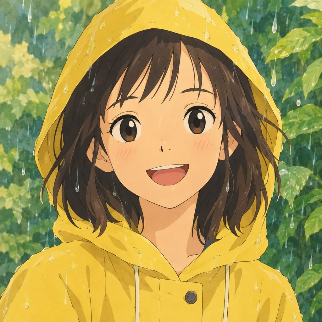 A smiling girl in a yellow raincoat with raindrops falling, green leaves behind her