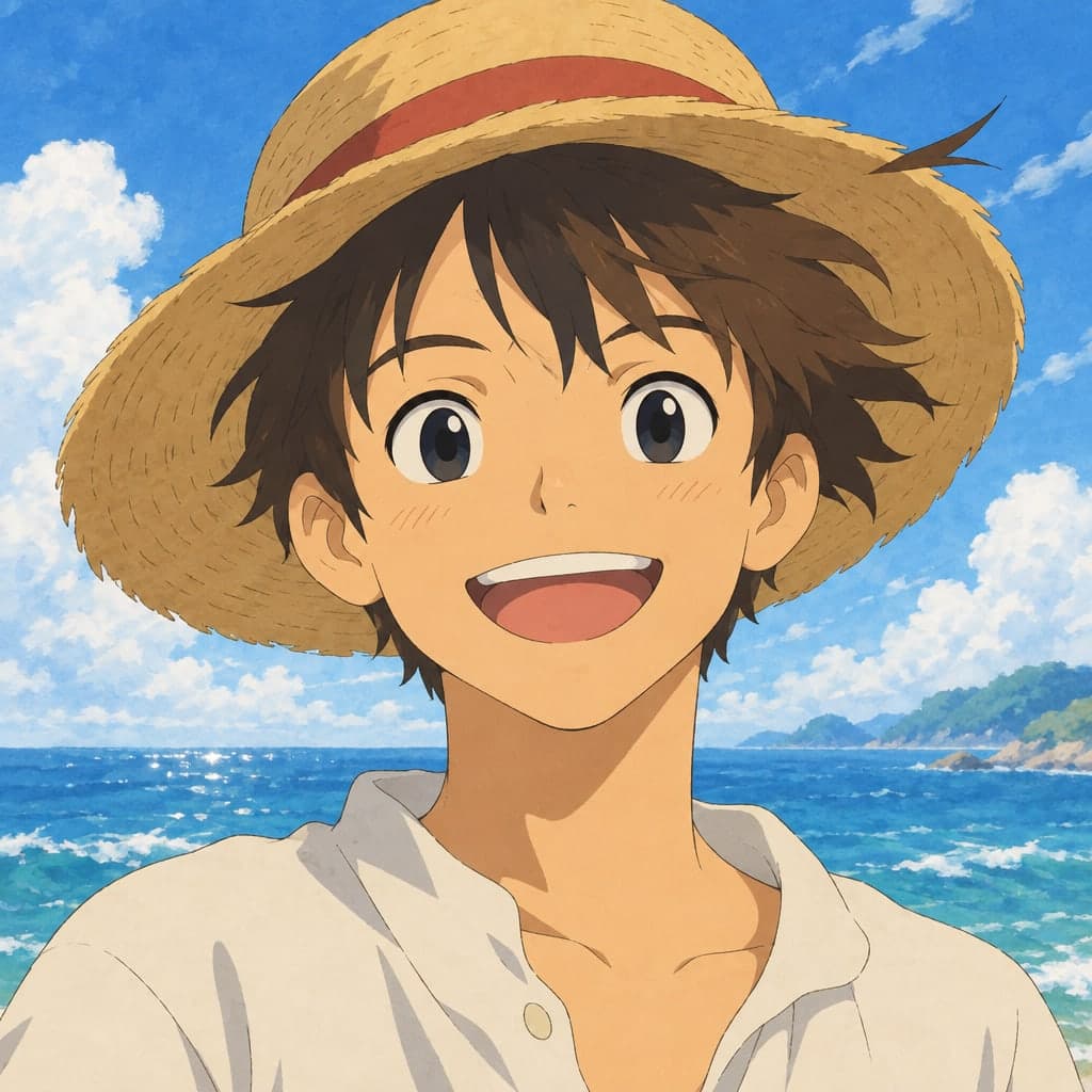 A cheerful boy in a straw hat at the seaside on a windy summer day, blue sky and white clouds