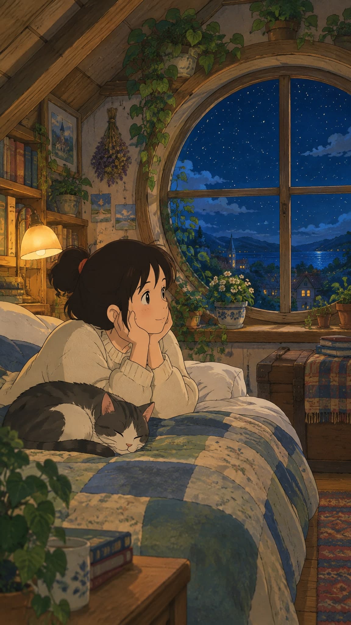 A cozy attic bedroom with a round window, a sleeping cat and plants, the starry night sky outside