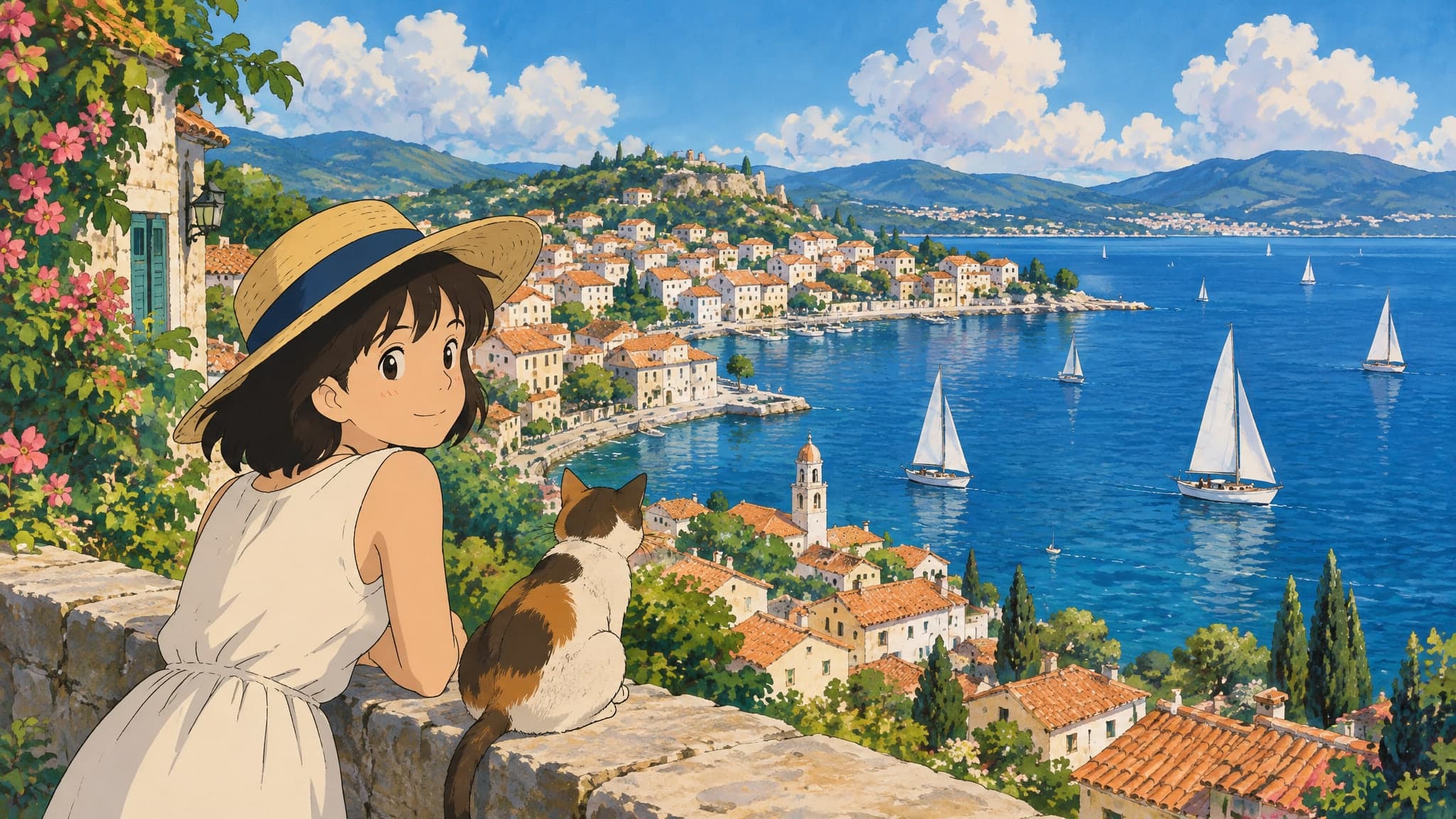 A wide coastal town with white houses and orange roofs along a blue bay, sailboats and summer clouds