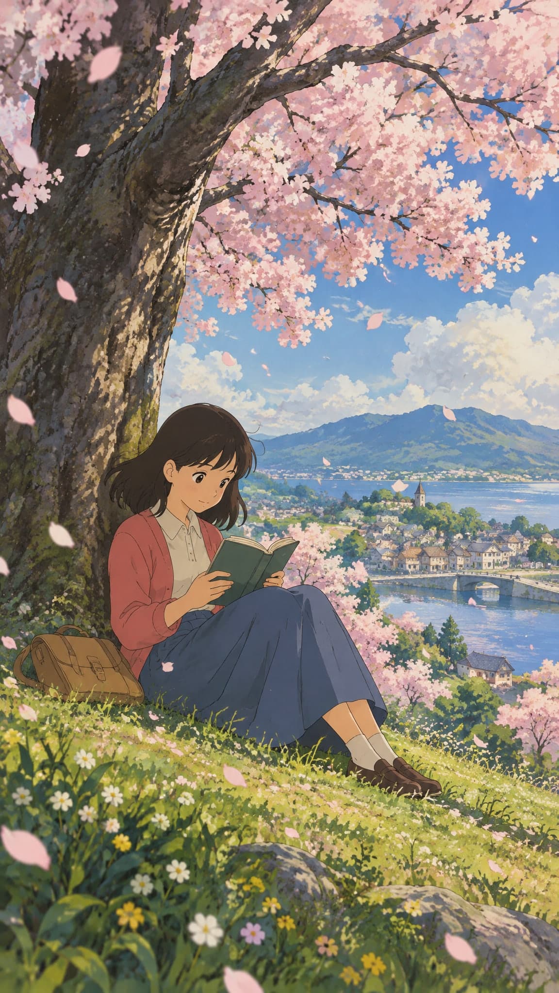 A girl reading a book under a big cherry blossom tree, petals drifting in a spring breeze