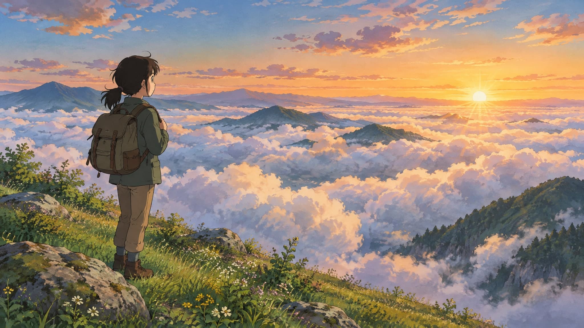 A vast sea of clouds at sunrise seen from a grassy mountaintop, a lone traveler watching the light