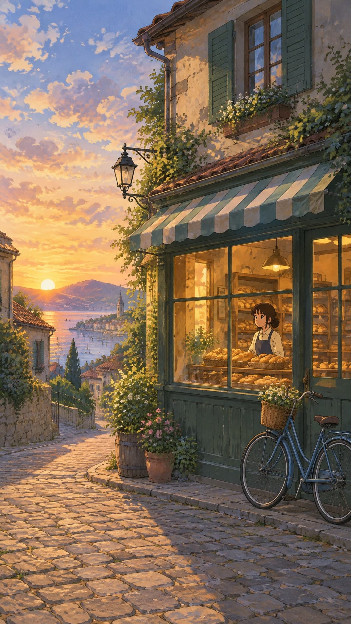 A small bakery on a quiet cobblestone corner at dawn, warm light in the window and a bicycle parked outside