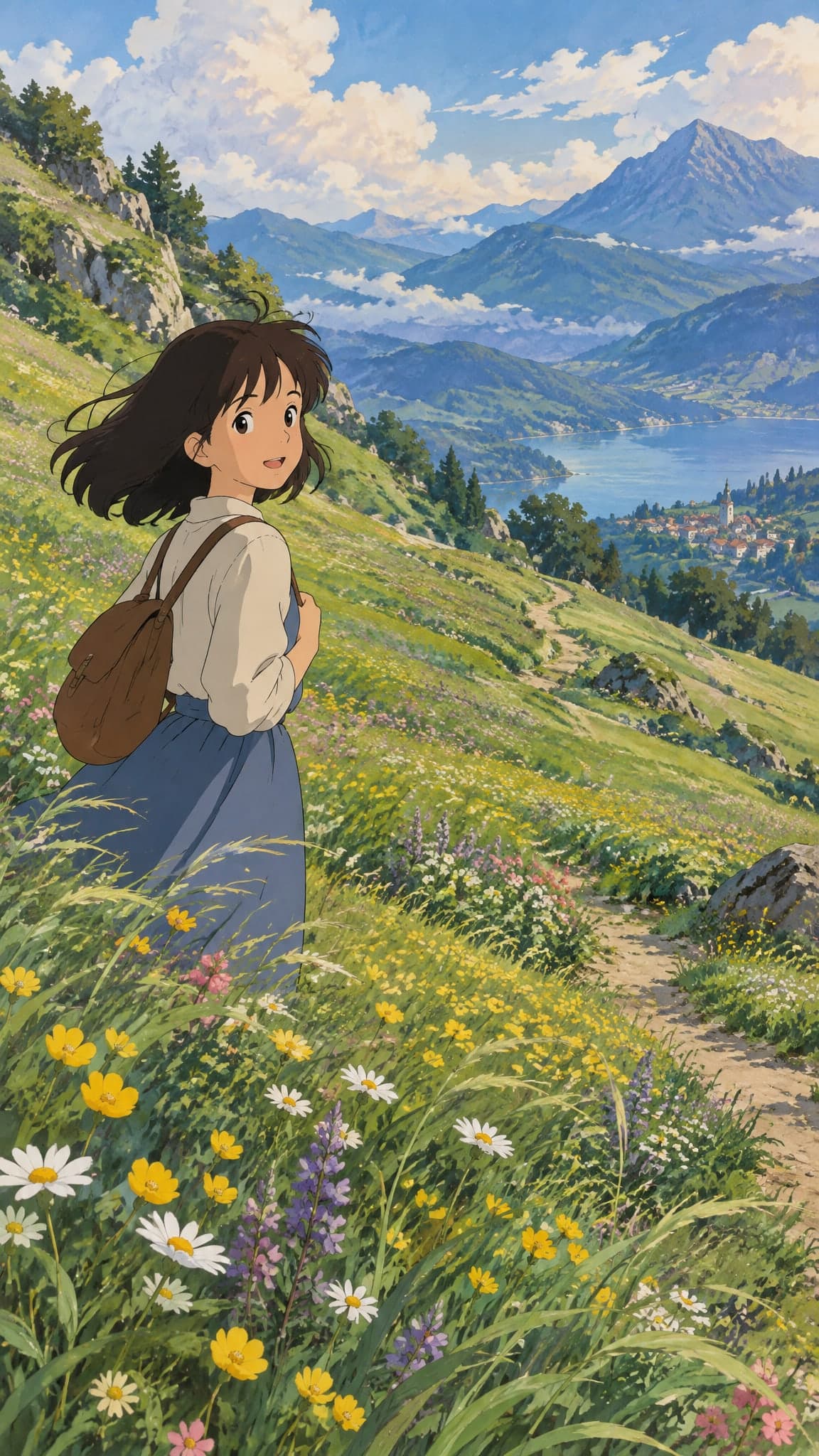 A flower-covered meadow on a mountainside with a winding path, wind moving through the grass