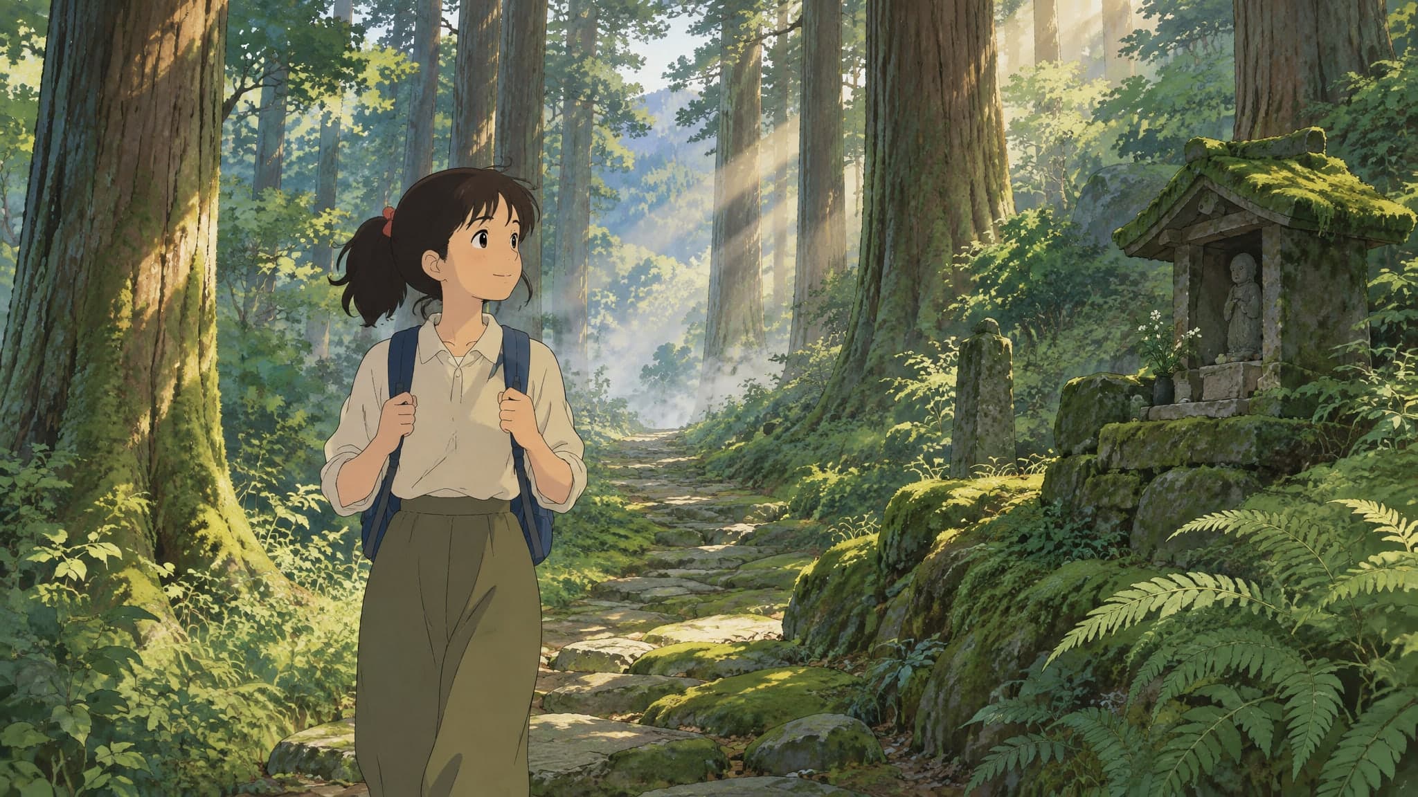 A mossy forest path with sunbeams through tall cedar trees, a small stone shrine and ferns, soft morning mist