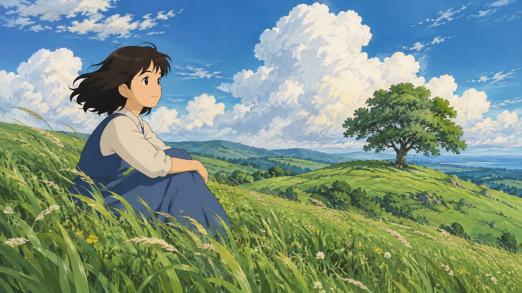 Rolling green hills with a lone tree, wind moving through the tall grass, big white cumulus clouds in a blue sky