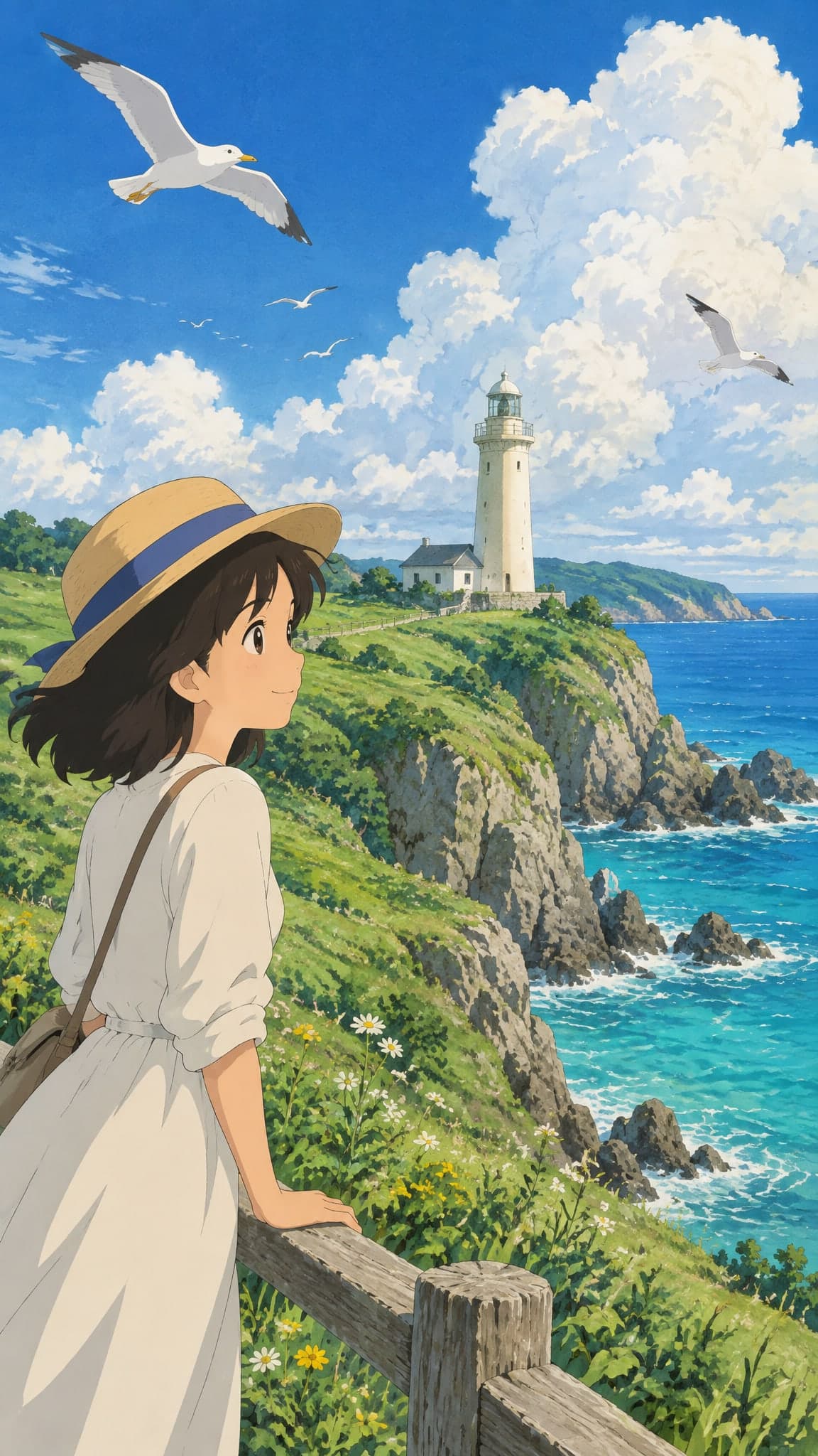 A white lighthouse on a green cliff above a turquoise sea, seagulls and bright white clouds