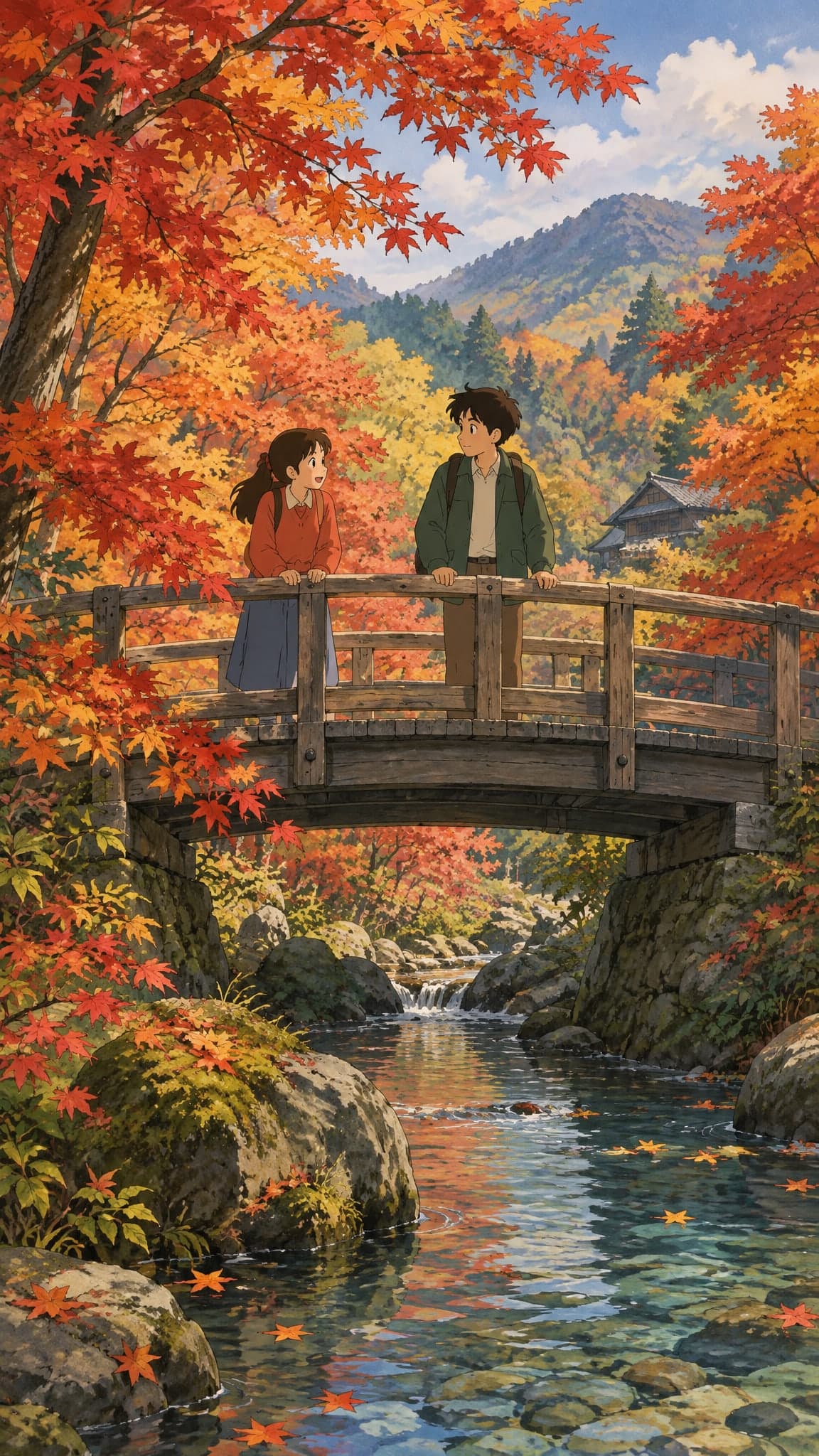 An autumn maple forest with red and orange leaves over a small wooden bridge and a clear stream