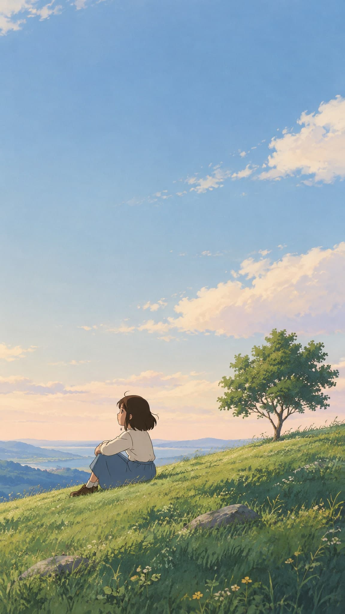 A minimalist hillside with one small tree under a wide pale sky, lots of calm empty space, soft pastel colors