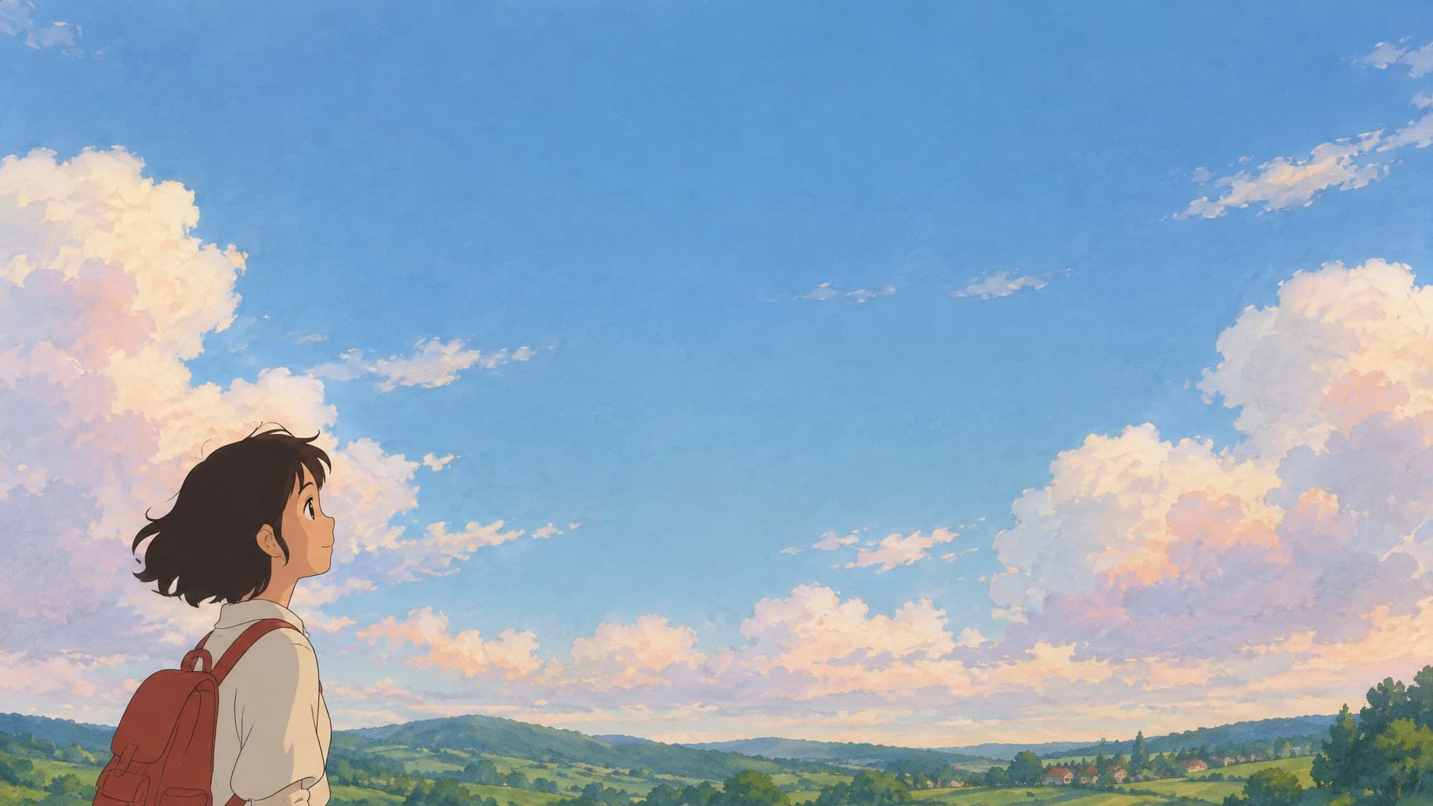 A minimalist wide sky with soft pastel clouds over a thin strip of green hills, lots of empty space