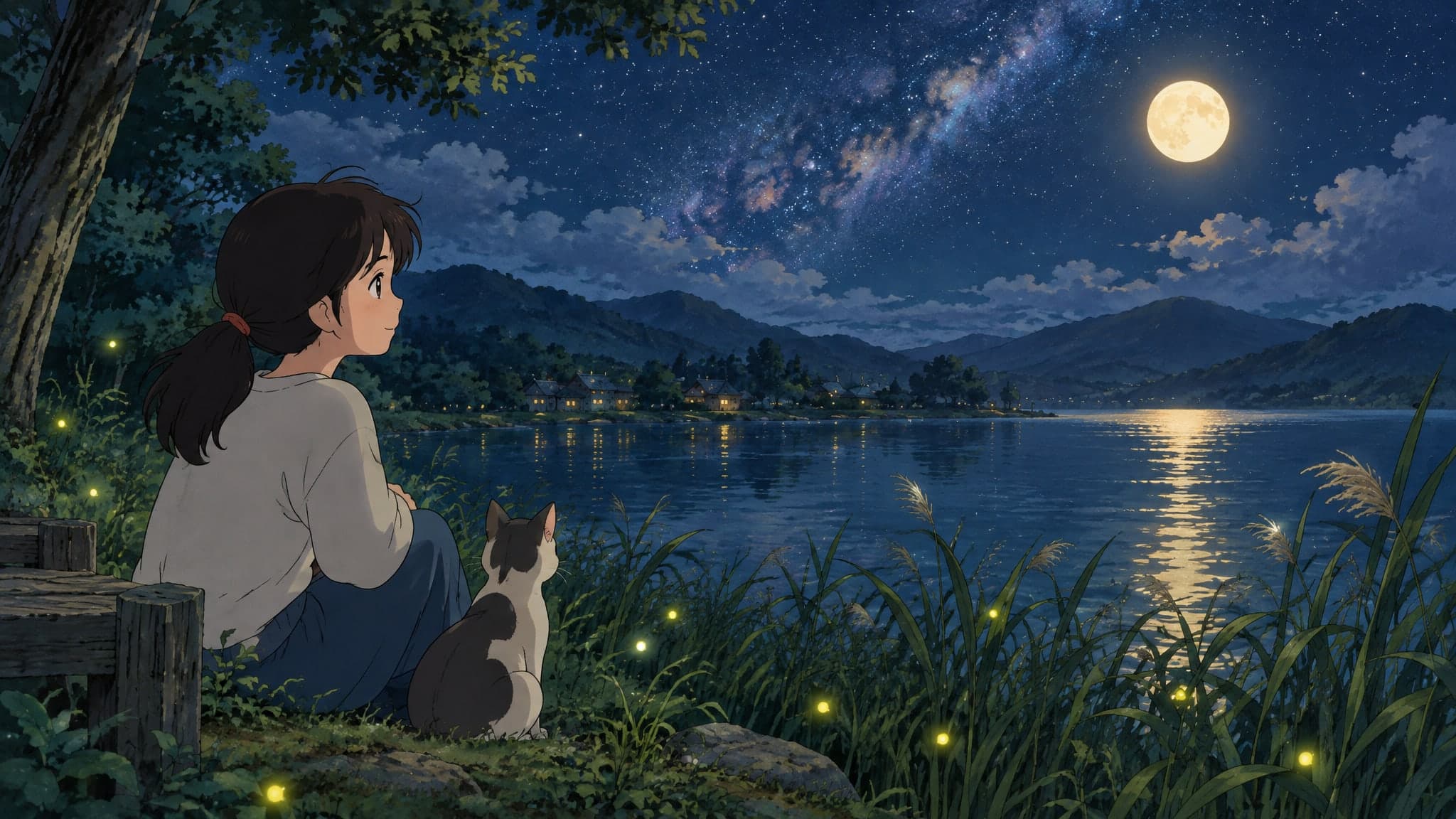 A quiet lakeside at night under a glowing full moon and the milky way, fireflies over the reeds