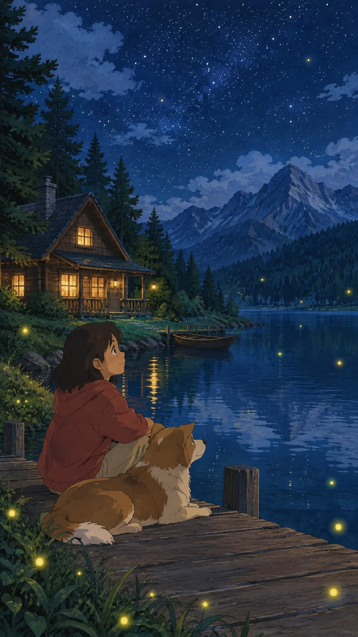 A cozy wooden cabin by a mountain lake at night, warm lit windows, a sky full of stars and drifting fireflies