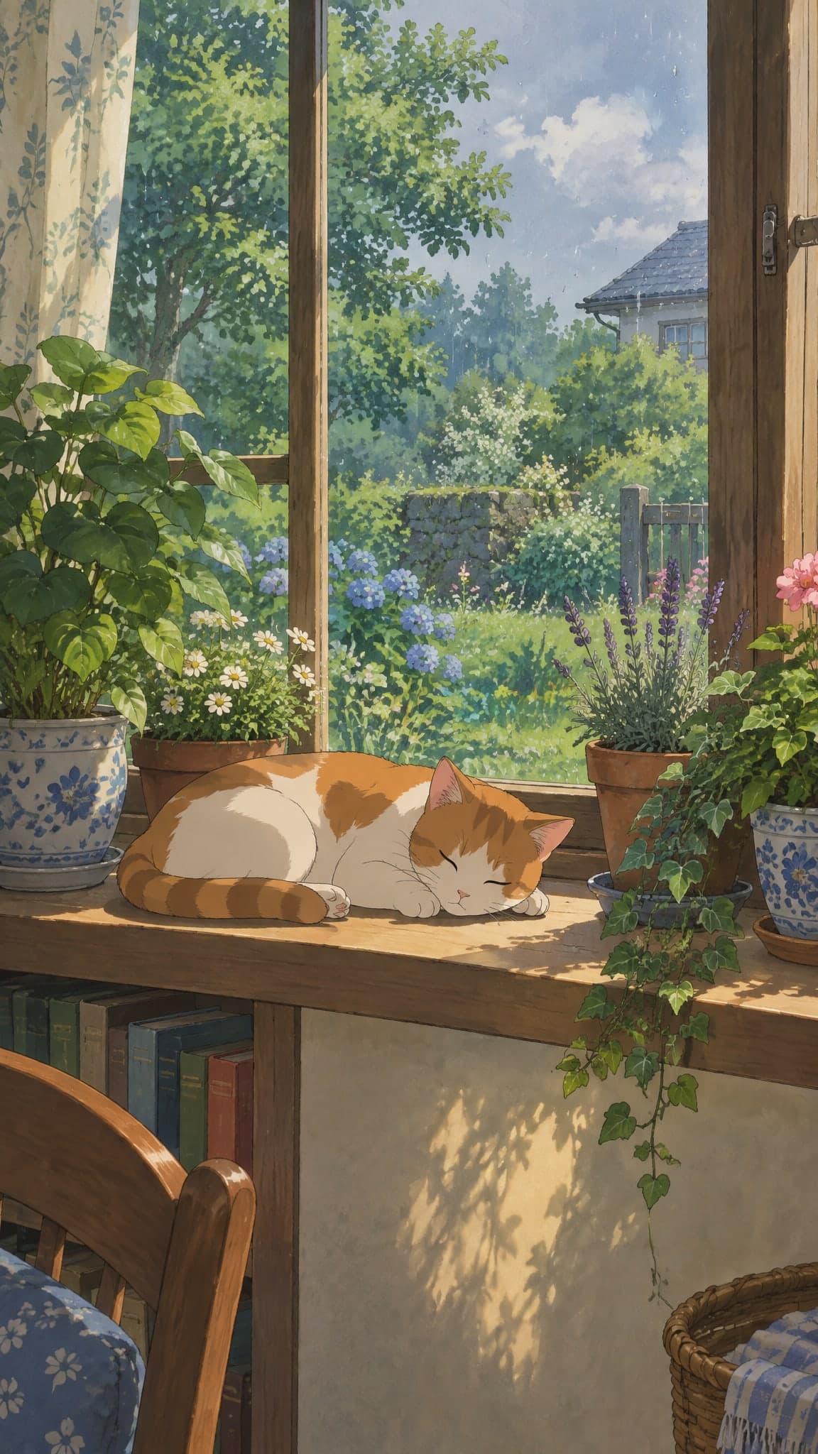 A cat napping on a sunlit windowsill full of potted plants while light rain falls on a green garden outside
