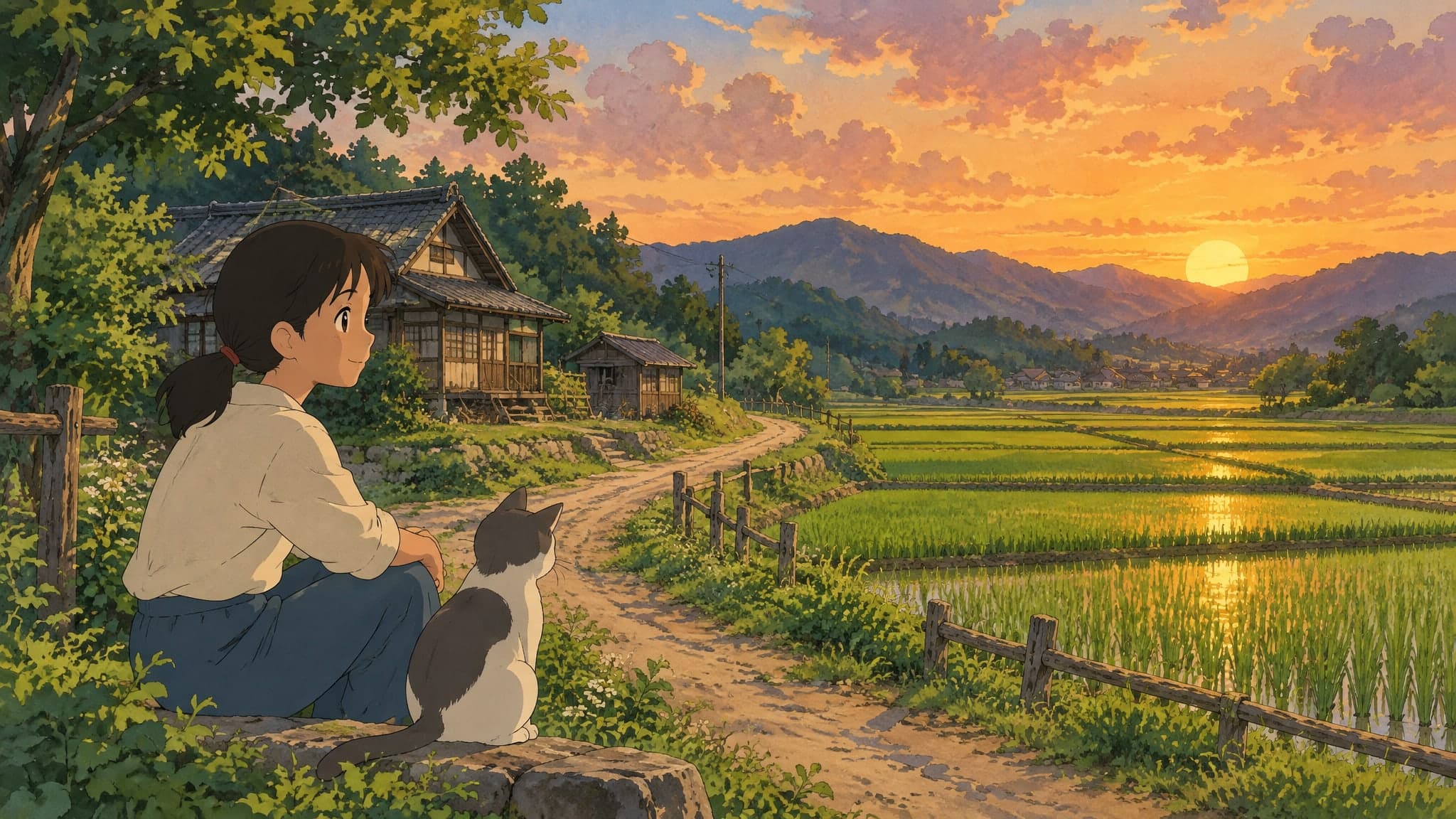 A peaceful countryside with green rice fields, a small farmhouse and a dirt road under a golden evening sky