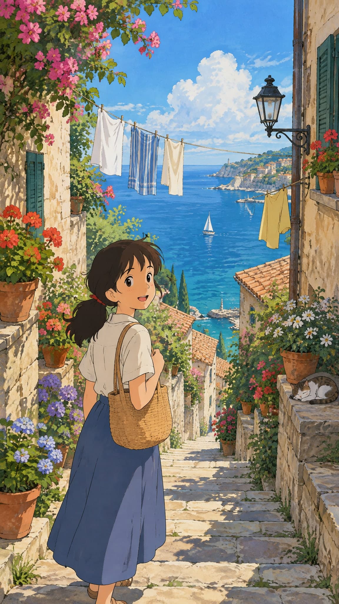 A narrow hillside street with stone steps leading down to the sea, laundry lines and flower pots on a bright summer afternoon