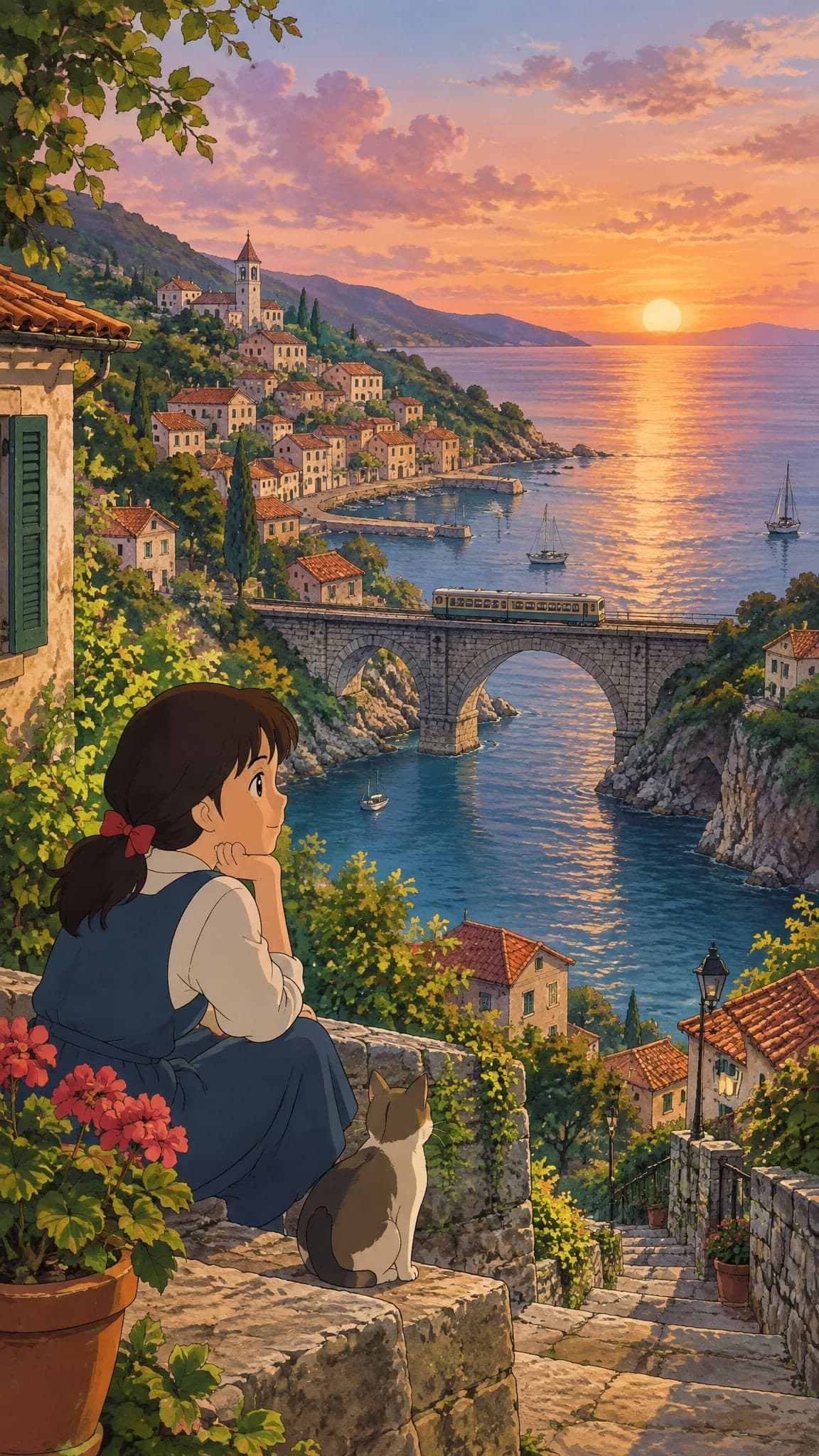 A quiet seaside town on a hillside at sunset, red-roofed houses, a small train crossing a stone bridge over the bay