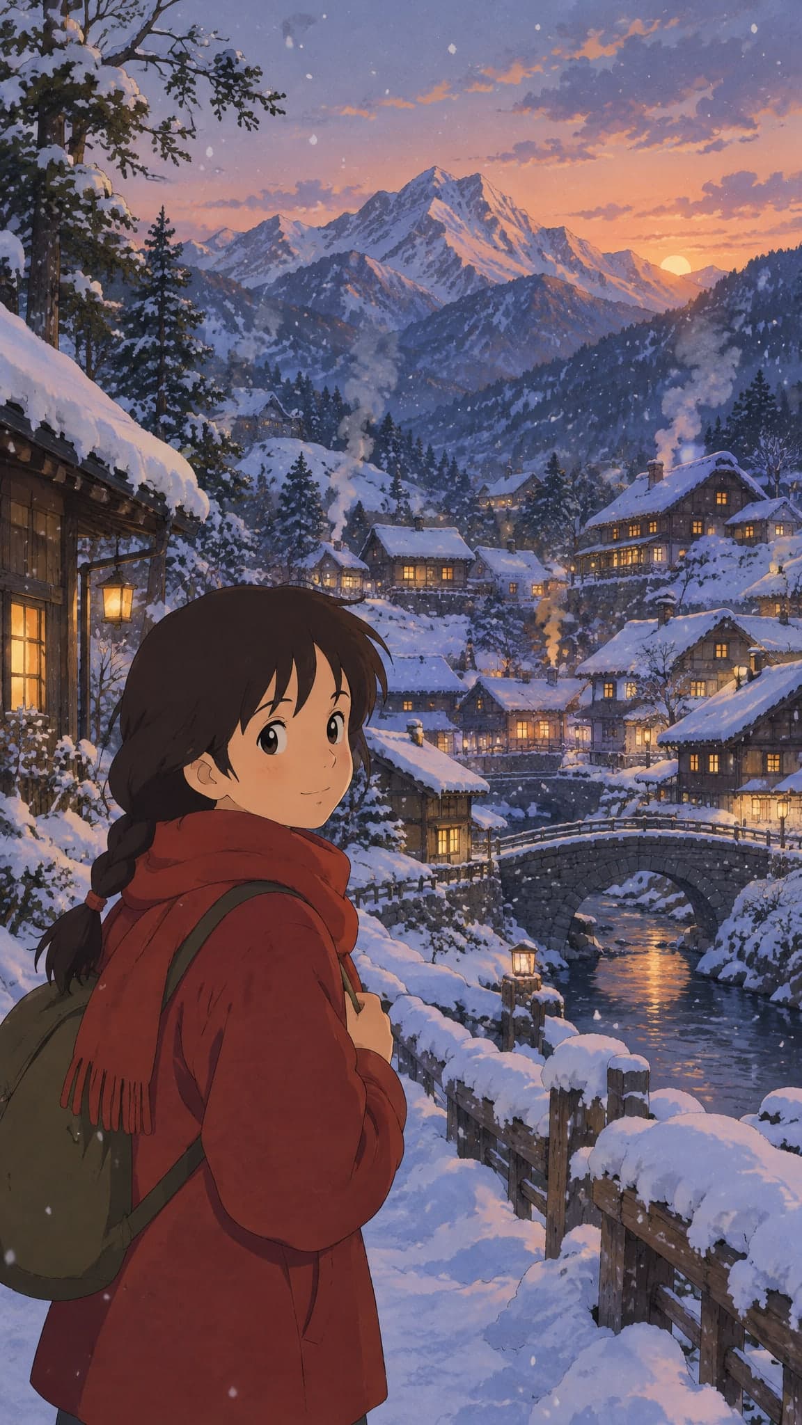 A snowy mountain village at dusk with lit windows and smoke rising from chimneys, soft snowfall