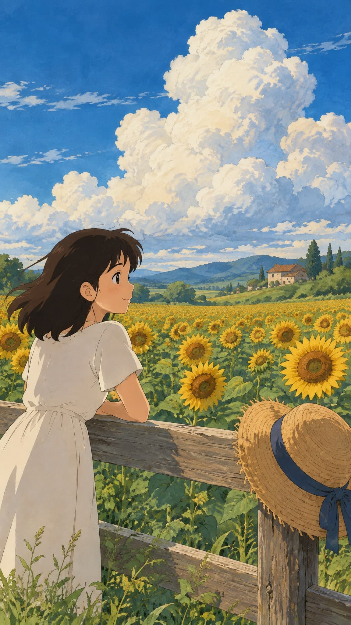 A field of sunflowers under towering summer clouds, a straw hat resting on a wooden fence