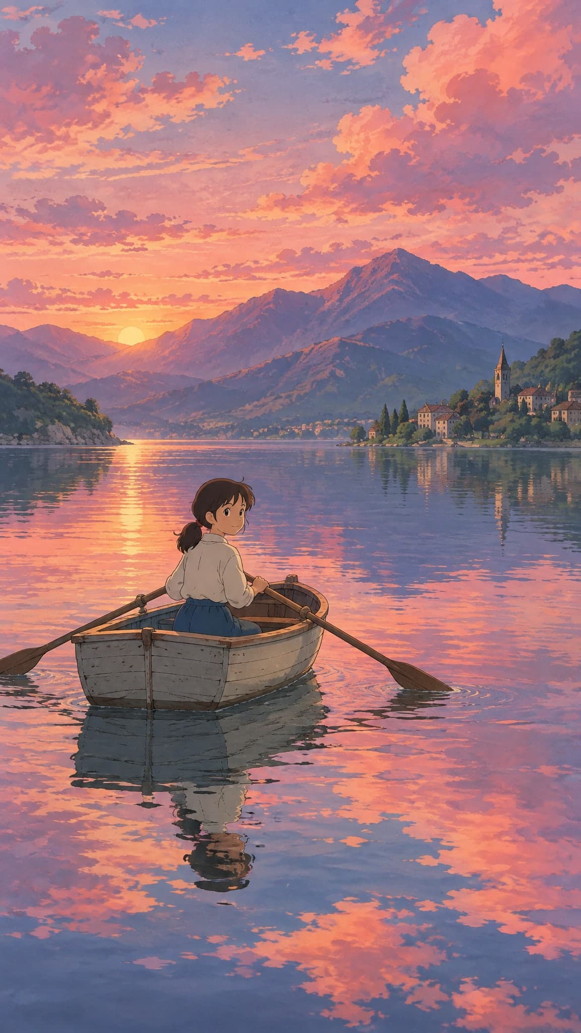 A tiny rowing boat on a calm lake reflecting pink sunset clouds, mountains in the distance