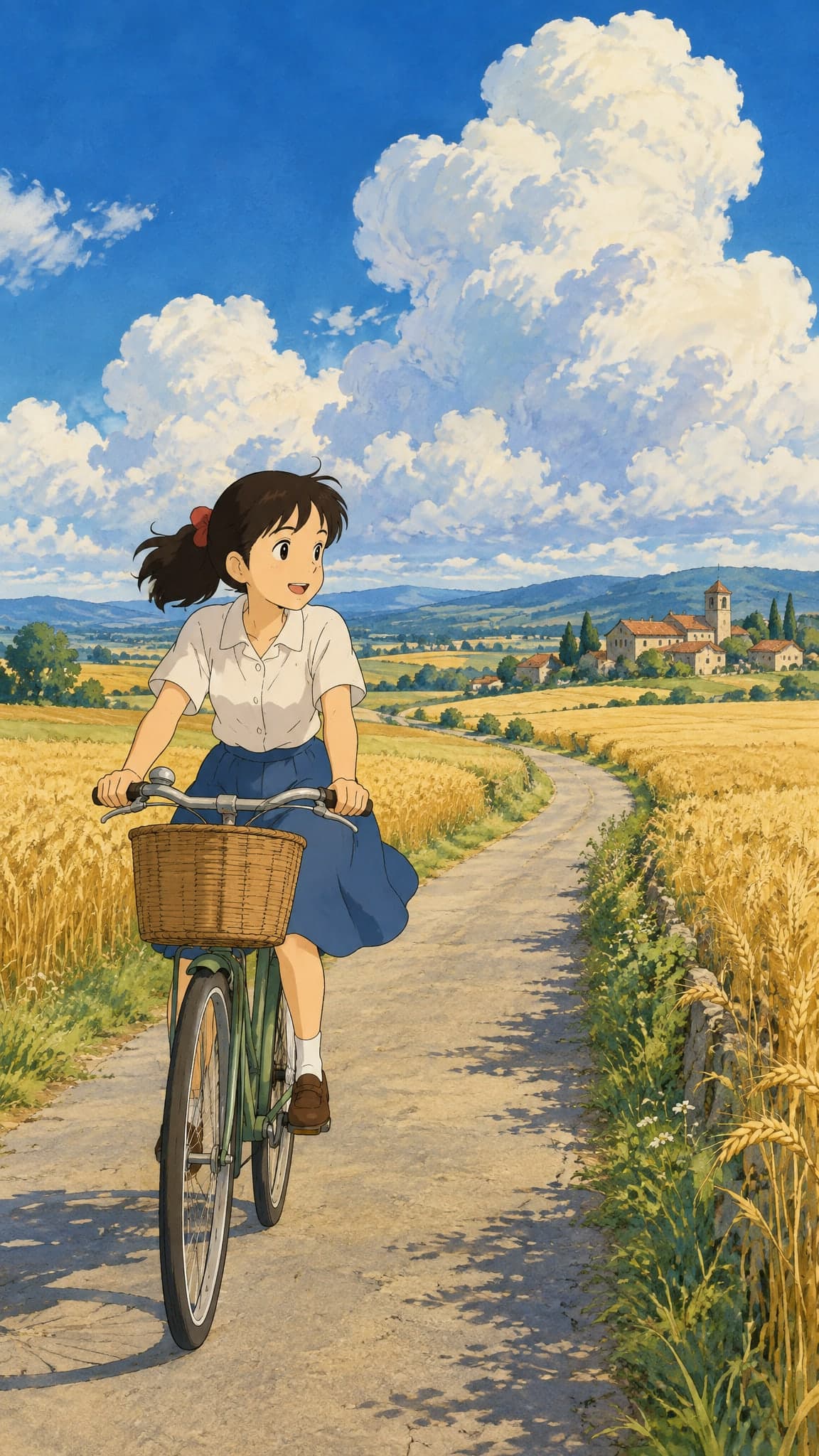 A girl riding a bicycle along a country road through golden wheat fields under huge summer clouds