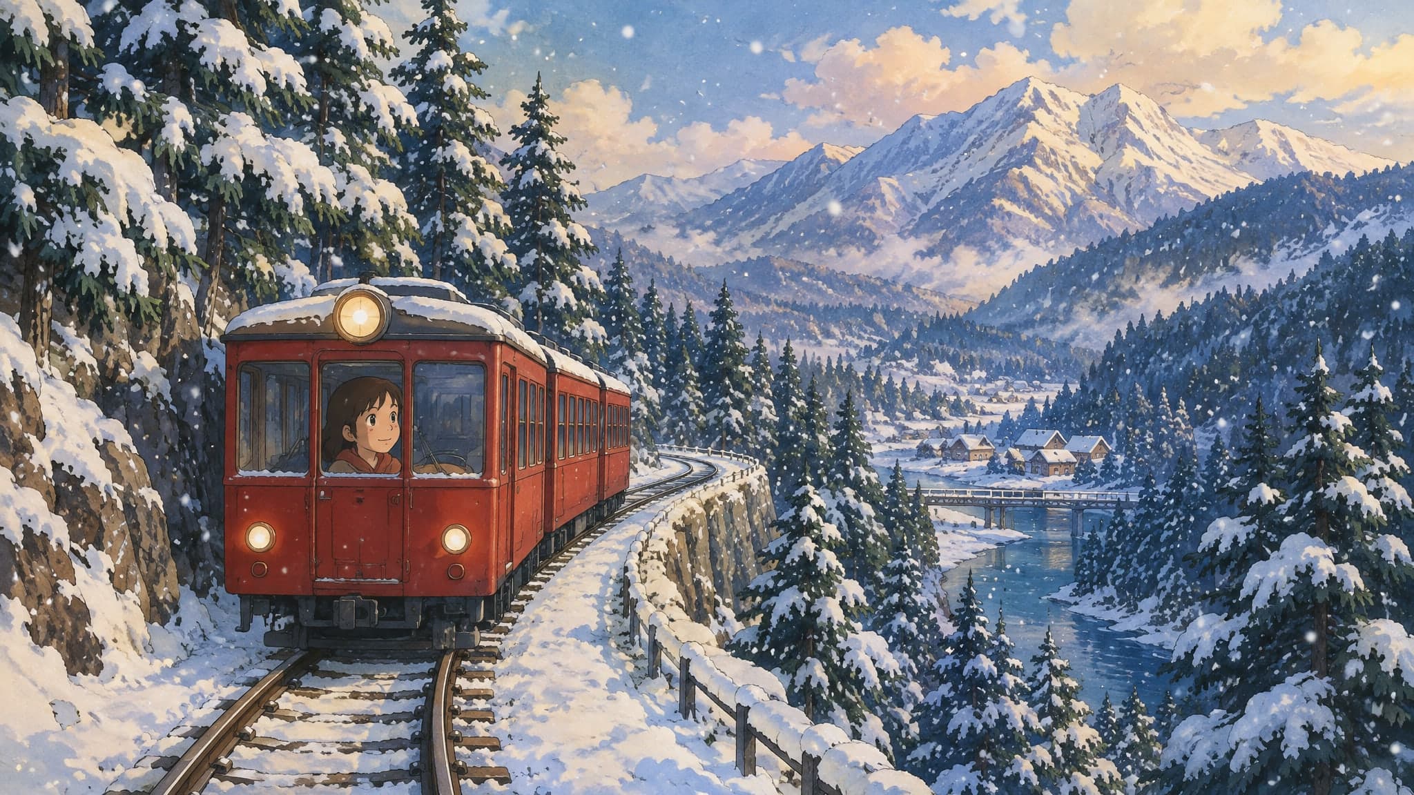 A winding railway through snowy pine forests in winter, a small red train and gentle snowfall