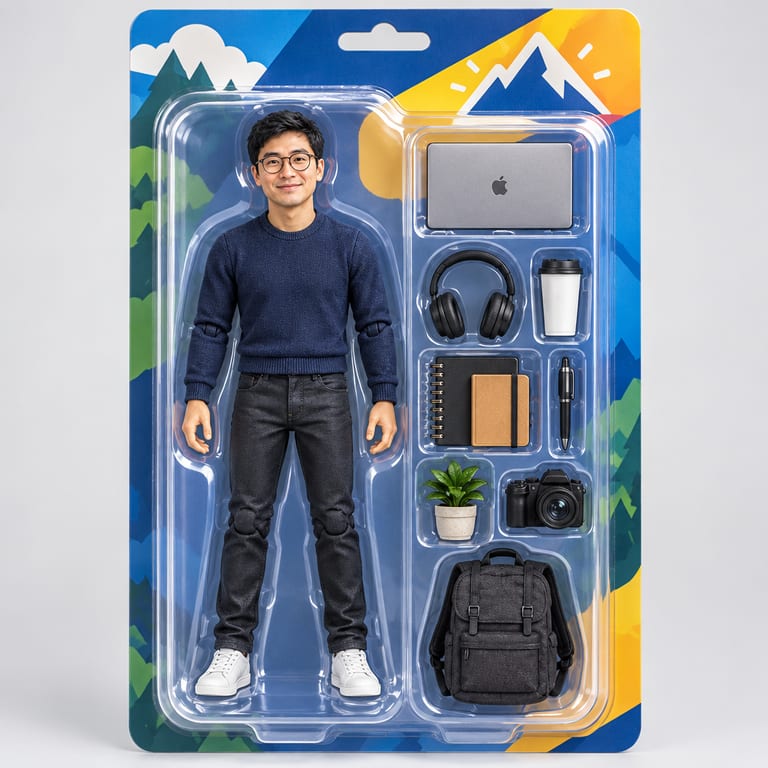 A man's portrait as a boxed action figure with accessories