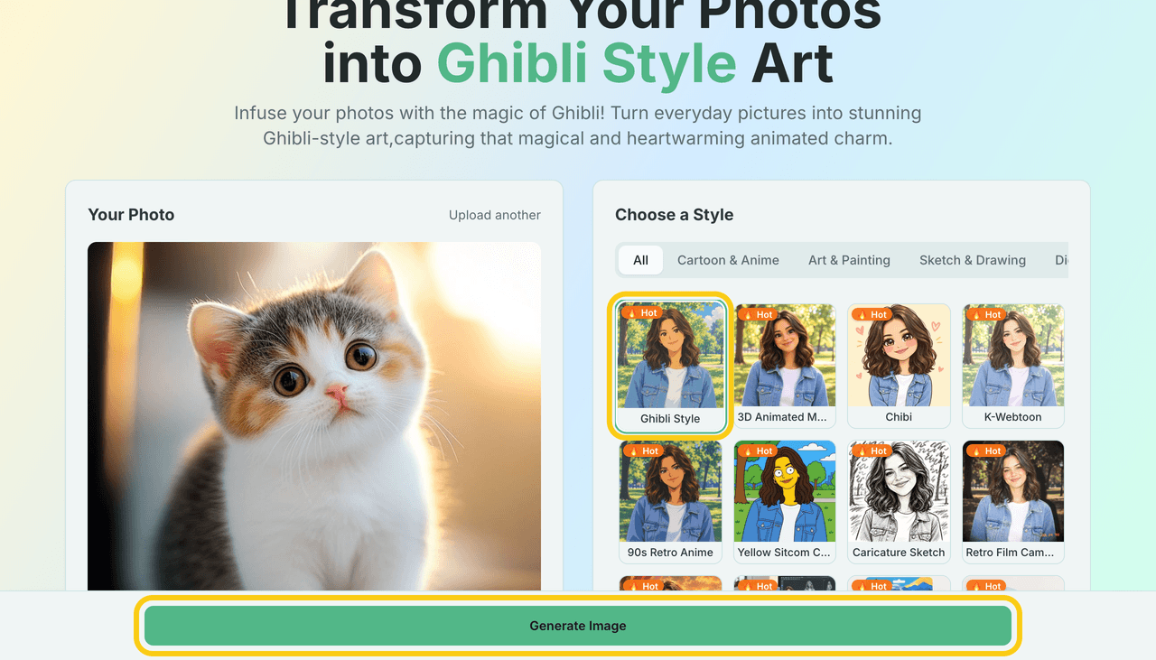 Choosing the Ghibli Style and clicking Generate Image