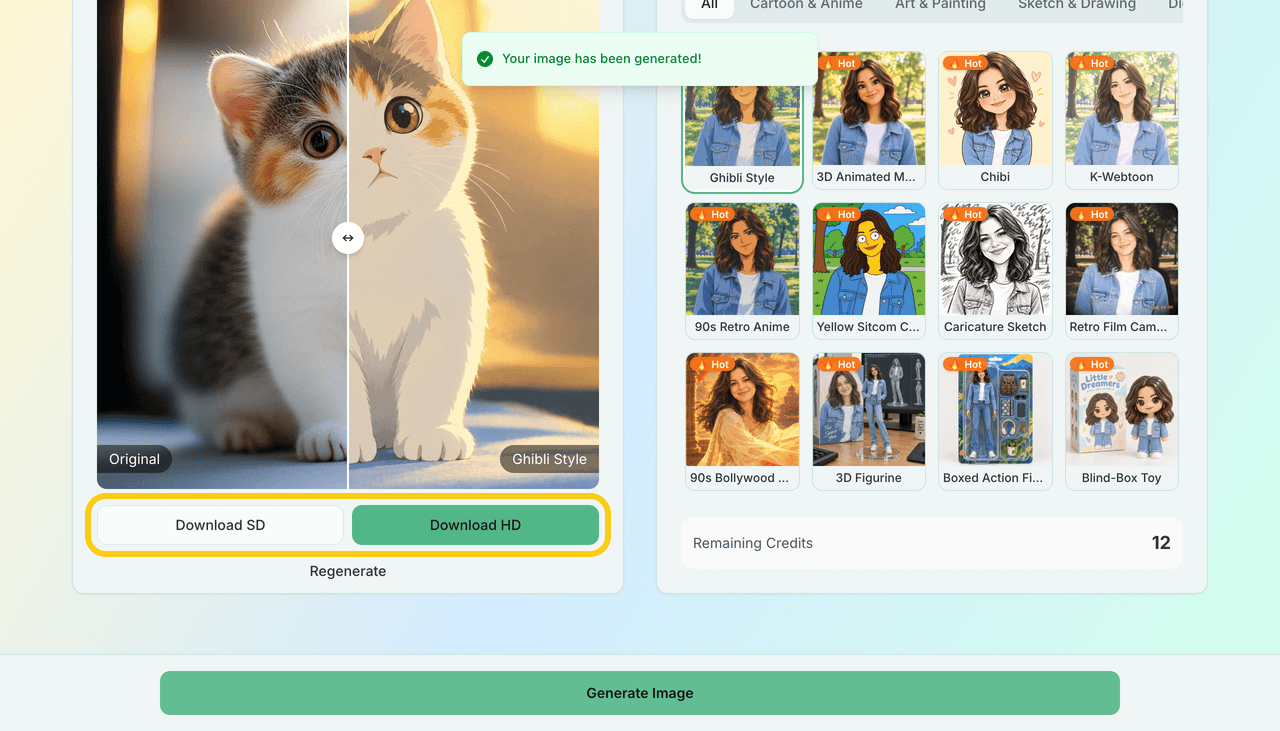 Ghibli-style result with SD and HQ download buttons